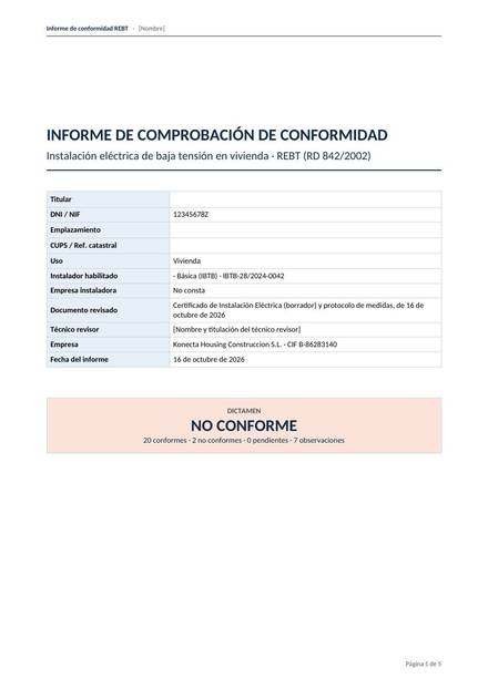 Portada de un informe de conformidad REBT de ejemplo